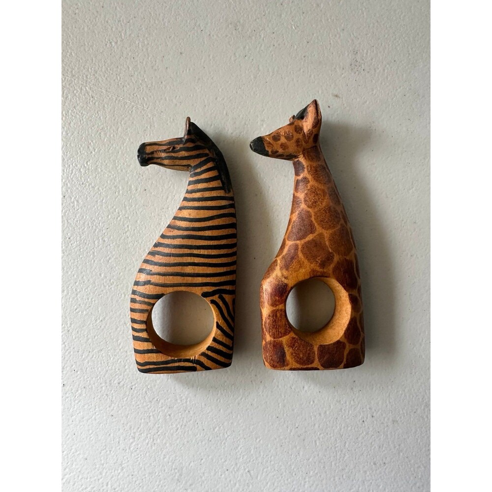 Hand-Carved Safari Theme Wooden Giraffe Zebra Set Of 2 Napkin Rings Holders